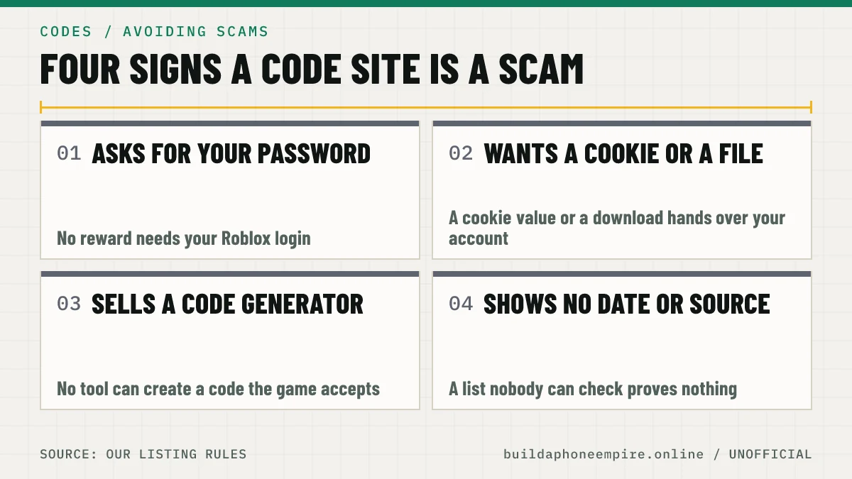 Four warning signs of a code scam: asking for a password, asking for a cookie or file, selling a code generator and showing no date or source